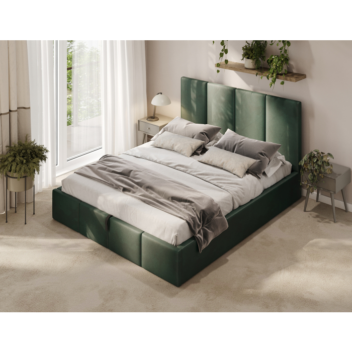 Großes Doppelbett gepolstert in Flaschengrün